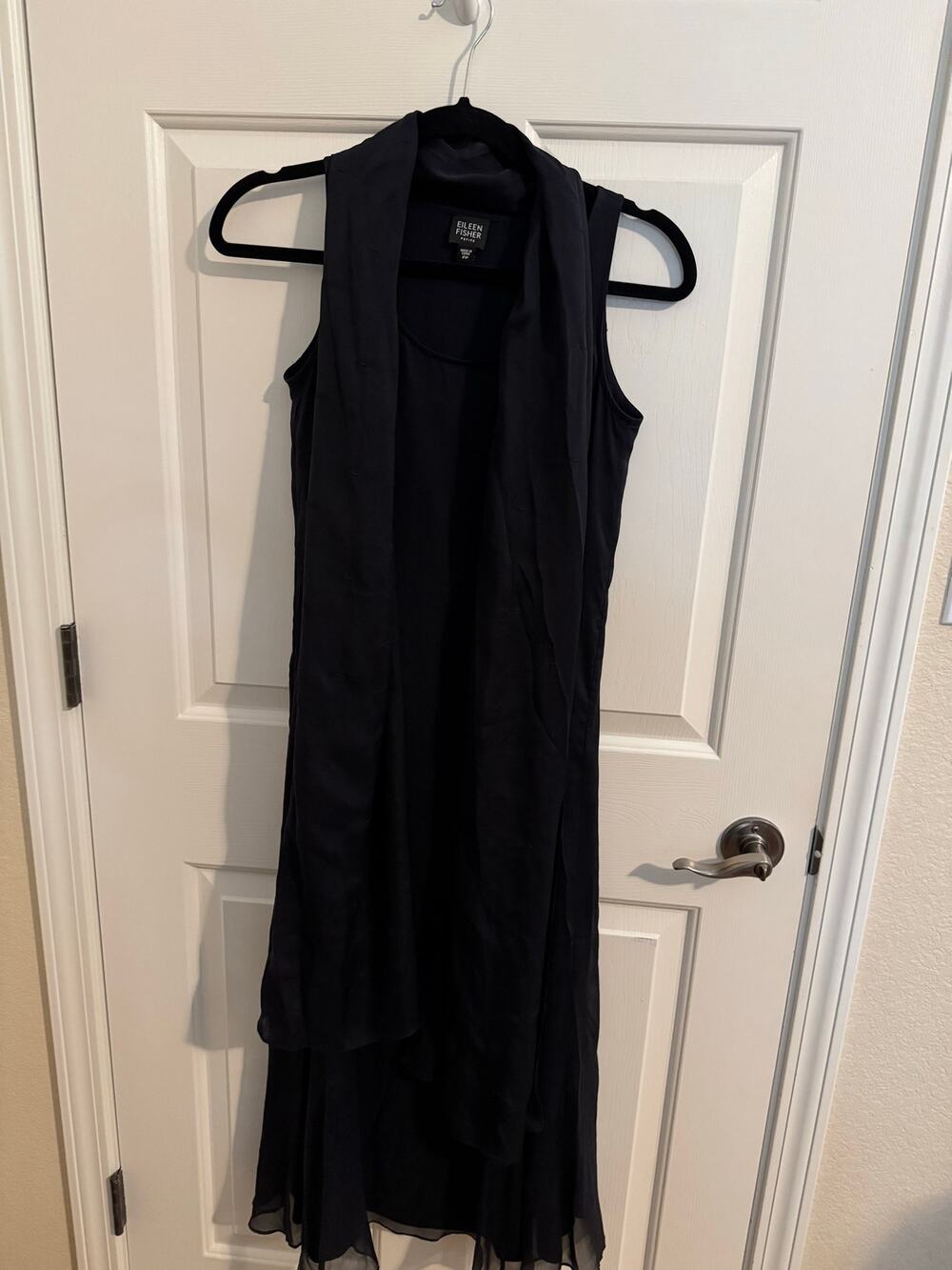 Eileen Fisher Sleeveless Silk Midi Dress Scarf Luxury Glam Black Size PP